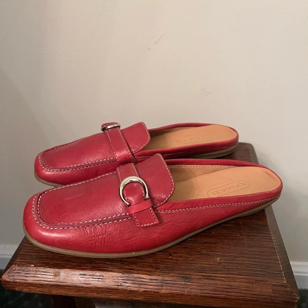 Coach Red Pebbled Leather Silver Logo Loafer Mules